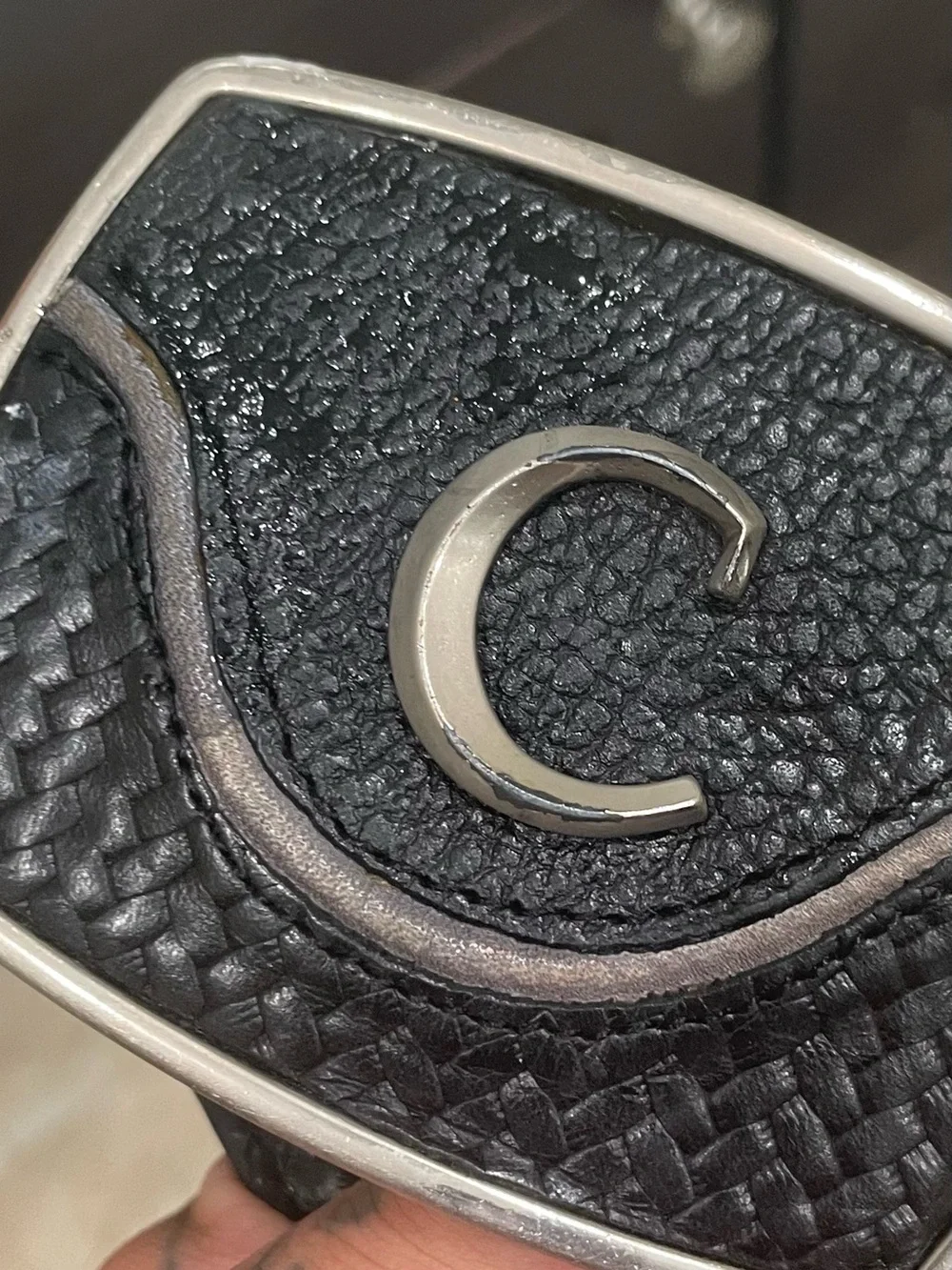 Men's Black Leather Belt Buckle with Silver 'C' Emblem